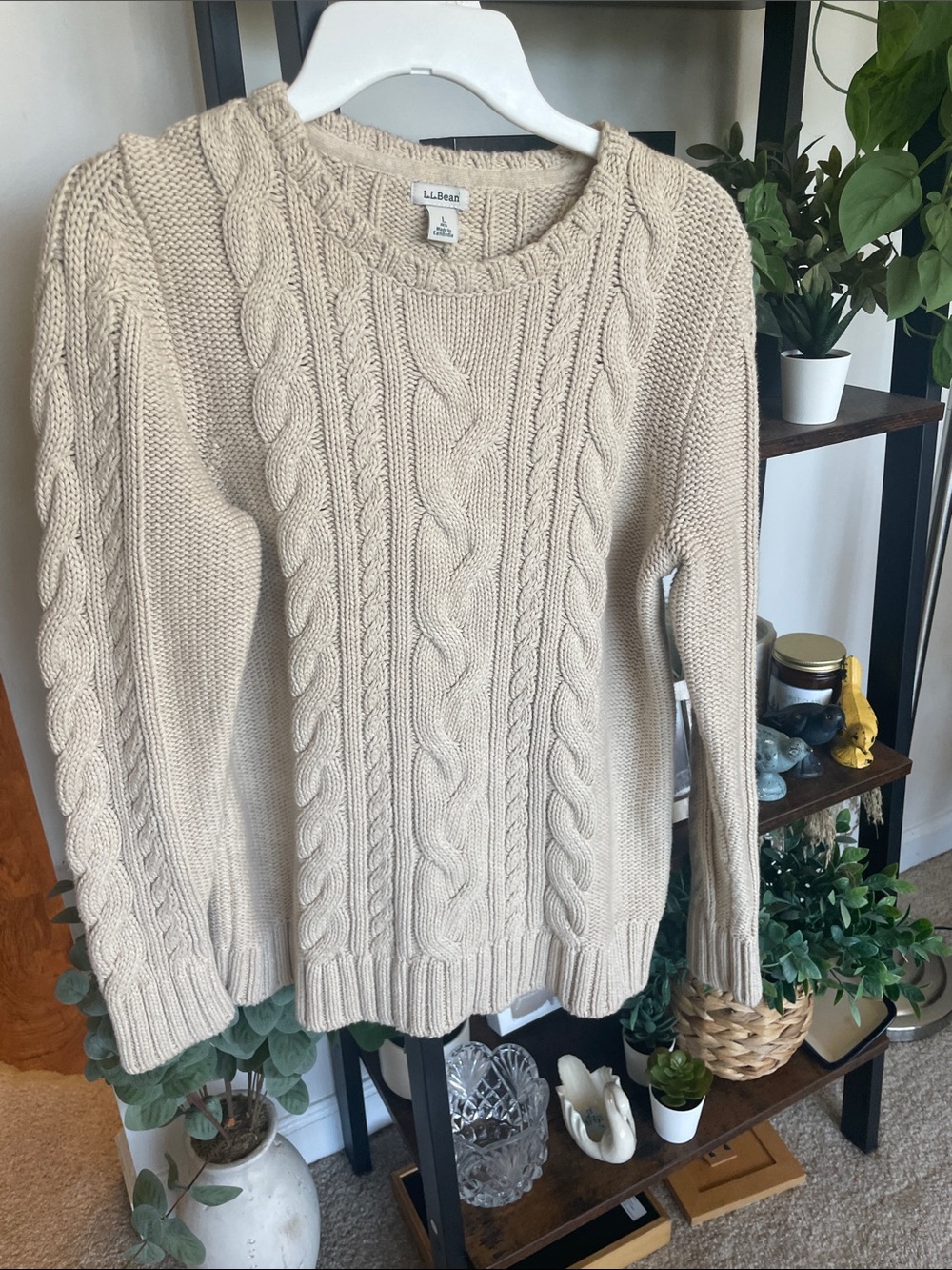 L.L. Bean Cream Cable Knit Crewneck Sweater